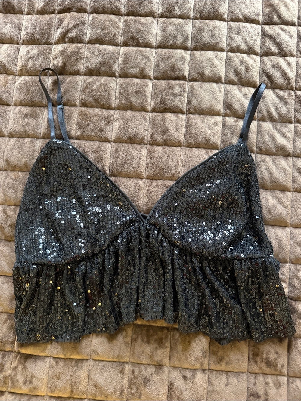 Garage Black Sequin Ruffle Crop Cami